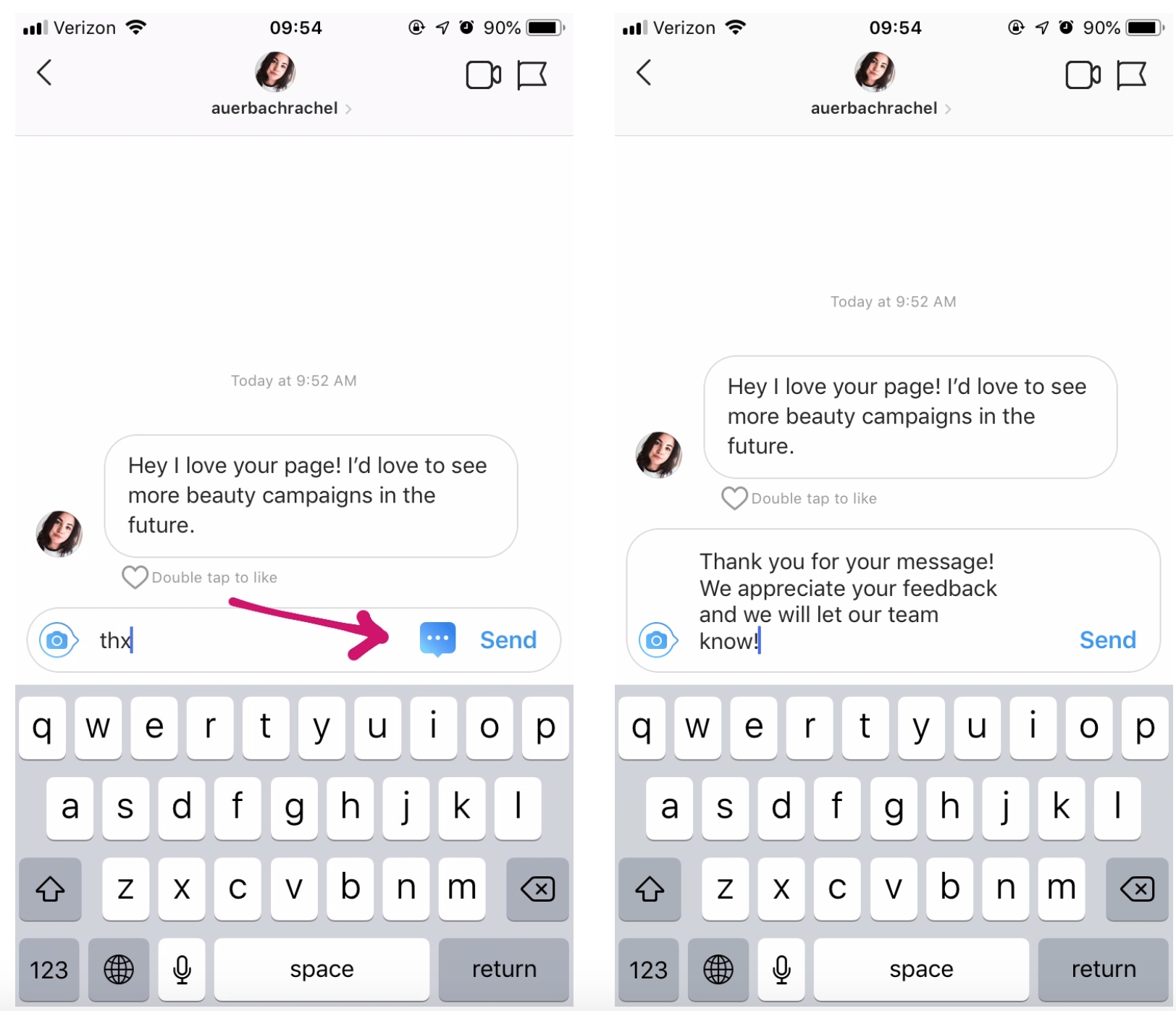 the second way to use quick replies is to open a direct message and click the grey speech bubble this brings up a list of your saved quick replies - how to use instagram quick !   replies for direct messages social